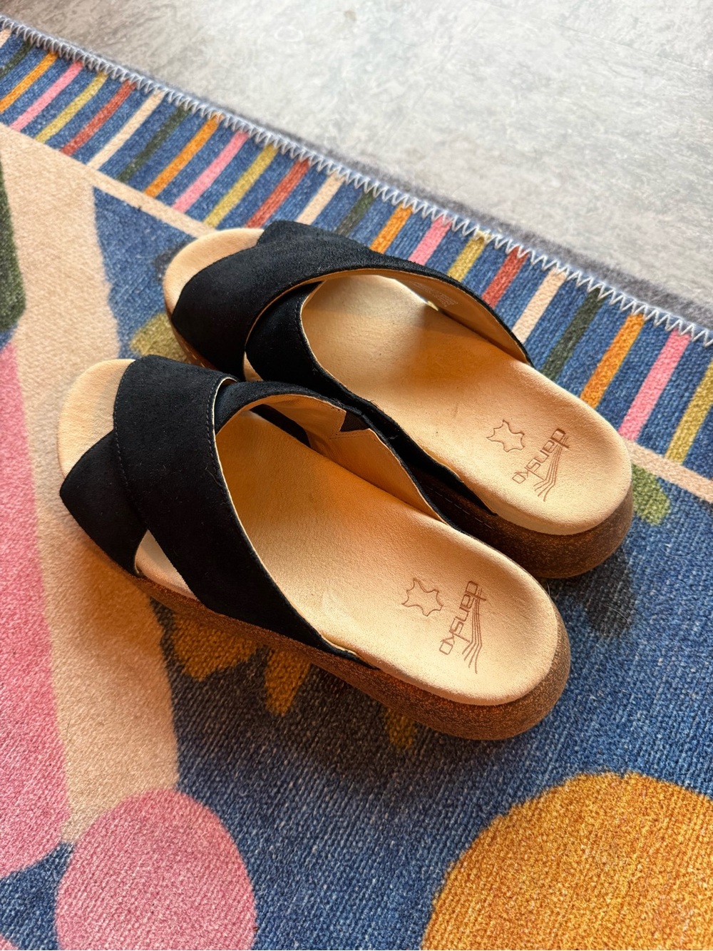 Dansko Black Crossover Slide Sandals with Cork Wedge
